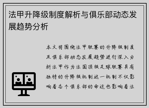 法甲升降级制度解析与俱乐部动态发展趋势分析