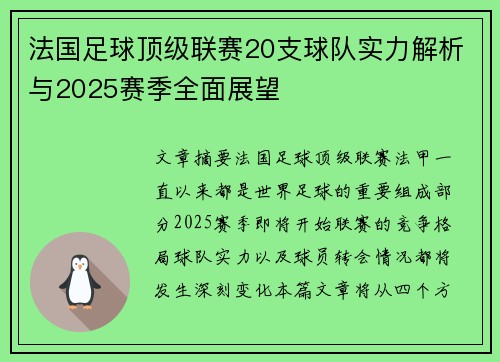 法国足球顶级联赛20支球队实力解析与2025赛季全面展望