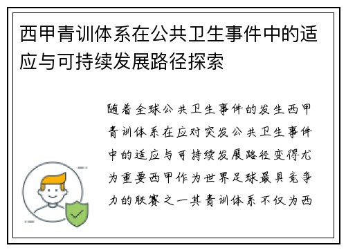 西甲青训体系在公共卫生事件中的适应与可持续发展路径探索