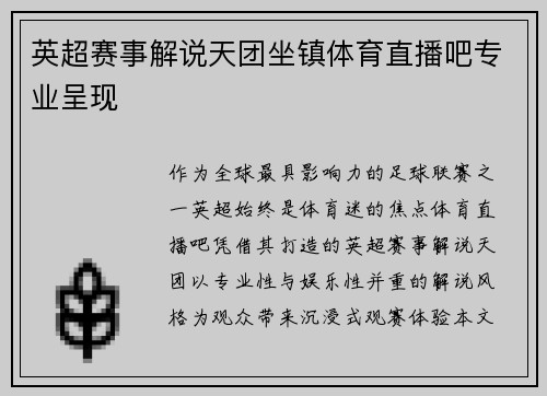 英超赛事解说天团坐镇体育直播吧专业呈现