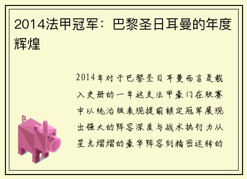 2014法甲冠军：巴黎圣日耳曼的年度辉煌