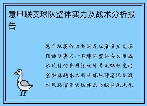 意甲联赛球队整体实力及战术分析报告